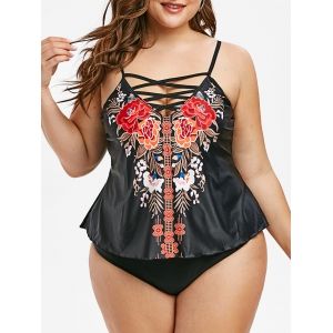 

Plus Size Floral Print High Waisted Tankini Swimwear, Black
