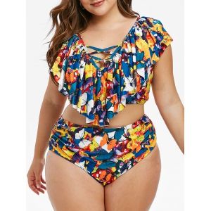 

Plus Size Ruffle Butterfly Floral Print Tankini Swimwear, Multi