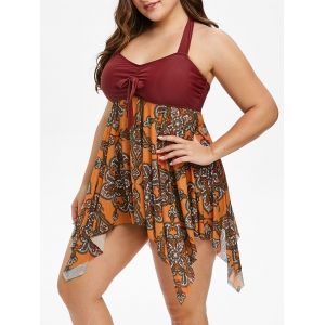 

Plus Size Mesh Handkerchief Print Asymmetric Halter Tankini Swimwear, Red wine