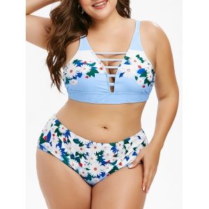 

Plus Size Floral Print Lattice Bikini Swimwear, Sea blue