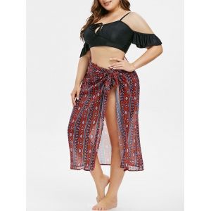 

Bohemian Printed Tie Collar Cold Shoulder Plus Size Three Piece Swimwear, Red