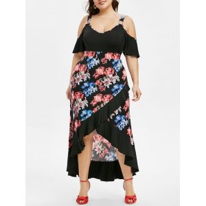 

Plus Size Floral Pattern High Low Cold Shoulder Dress, Black