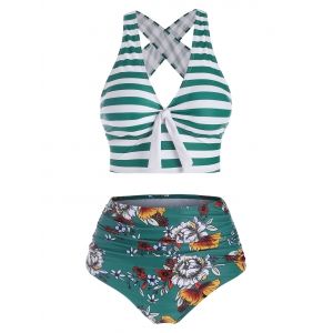 

Striped Crisscross Plunging High Waisted Bikini Swimwear, Greenish blue