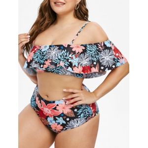 

Plus Size Cold Shoulder Flower Print Tankini Swimsuit, Black