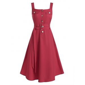 

Buttons Self Tie Belt Fit And Flare Dress, Red wine