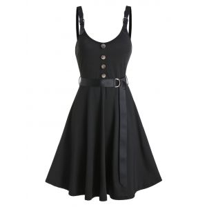 

Buckle Strap Mock Button Belted Flare Dress, Black