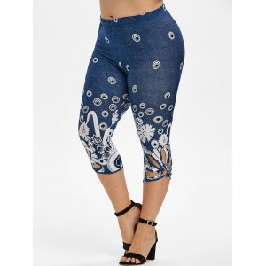 

Plus Size Flower Design Fitted Capri Leggings, Navy blue