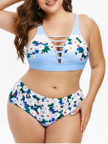Plus Size Floral Print Lattice Bikini Swimwear - SEA BLUE - 5X