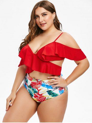 

Plus Size Palm Print Ruffle Two Piece Swimwear, Lava red