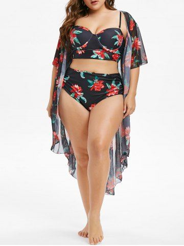 Plus Size Underwire Floral Tankini Swimsuit With Cover Up Set - BLACK - 1X