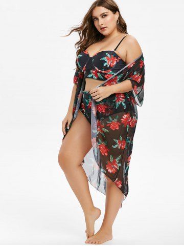Plus Size Underwire Floral Tankini Swimsuit With Cover Up Set
