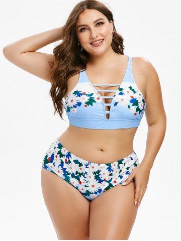 Plus Size Floral Print Lattice Bikini Swimwear