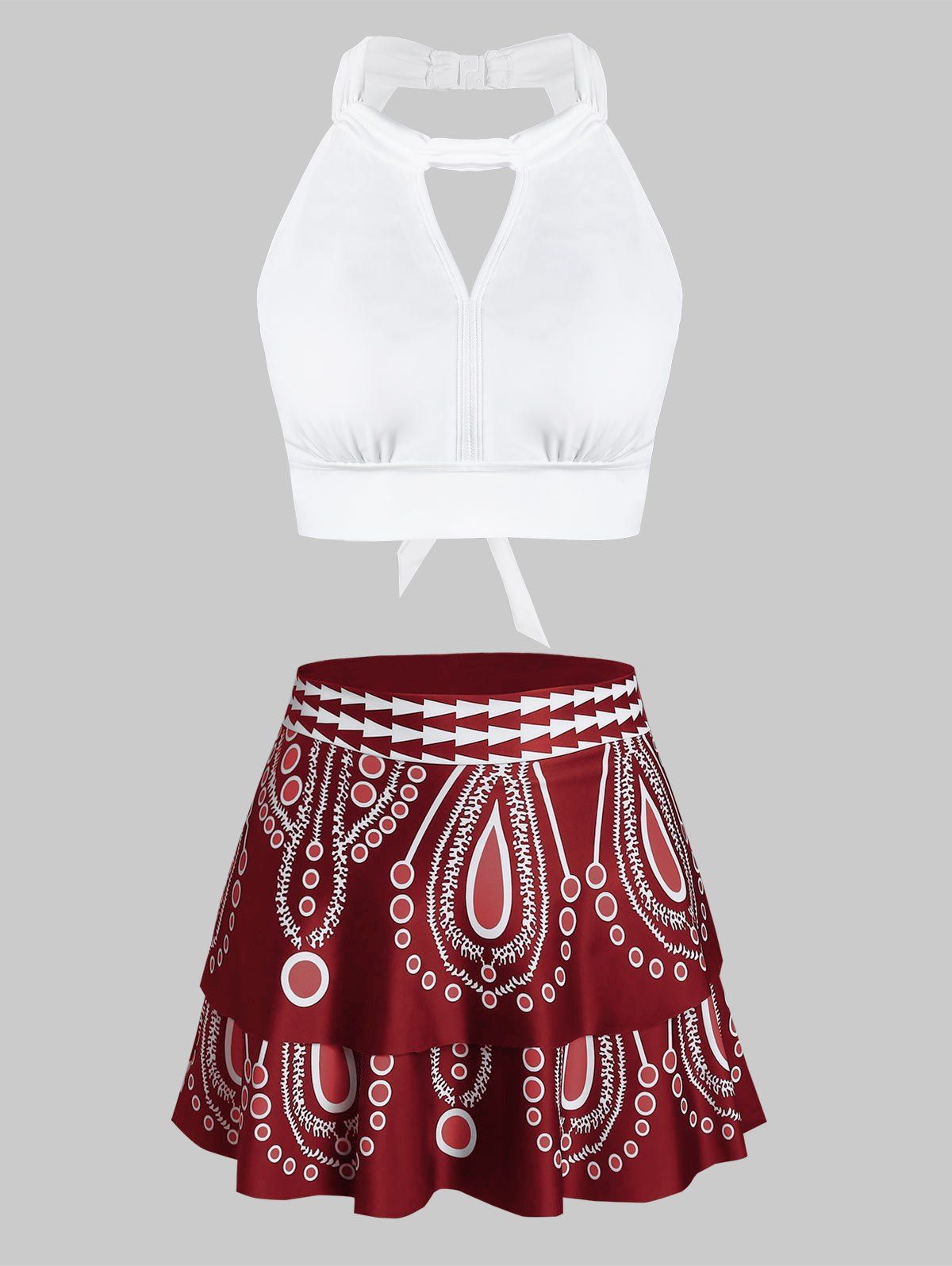 

Printed Keyhole Halter Tankini Swimsuit, Red wine