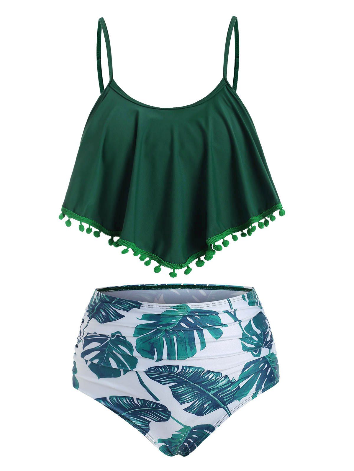 

Pompom Trims Printed Flounce Tankini Swimwear, Medium forest green