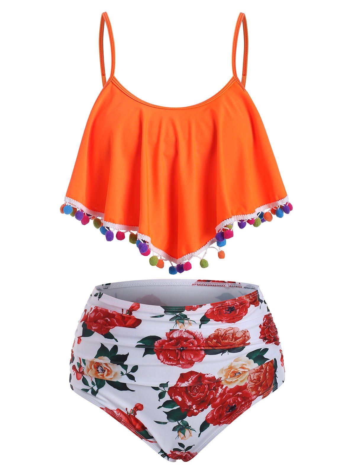 

Pompom Trims Printed Flounce Tankini Swimwear, Orange