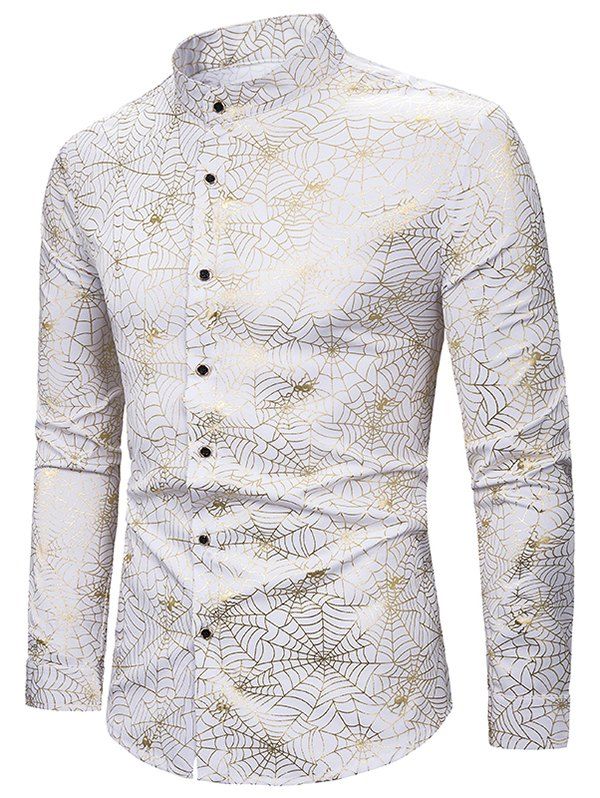 

Gilding Spider Web Pattern Stand Collar Button Up Shirt, White