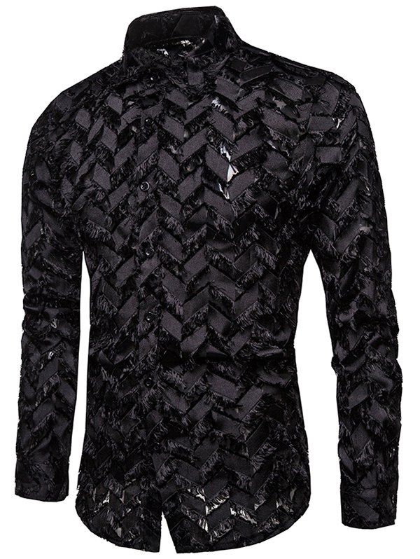 

Zigzag Textured See Through Button Up Shirt, Black