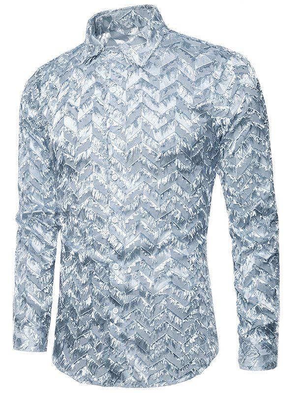 

Zigzag Textured See Through Button Up Shirt, Gray