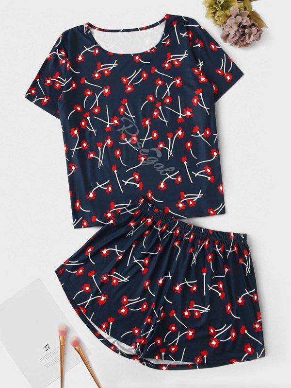 

Plus Size Floral Short Pajama Set, Dark slate blue