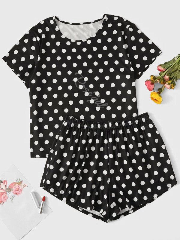 

Plus Size Polka Dot Short Pajama Set, Black