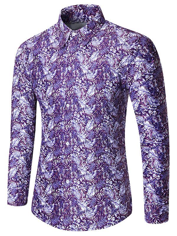

Leaf Pattern Button Long Sleeves Shirt, Purple