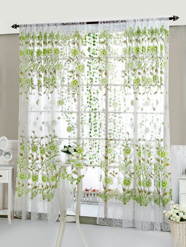 

Peony Pattern Scalloped Window Curtain, Light aquamarine