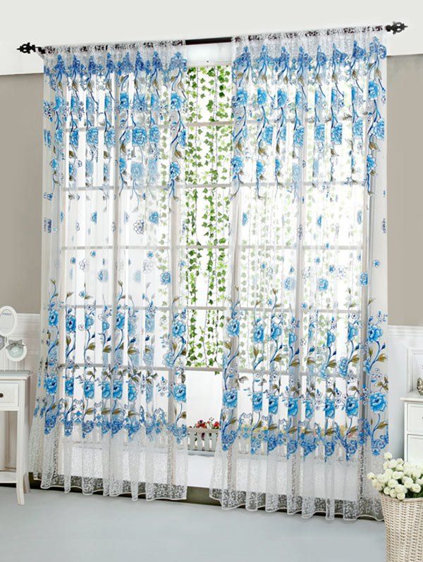 

Peony Pattern Scalloped Window Curtain, Navy blue