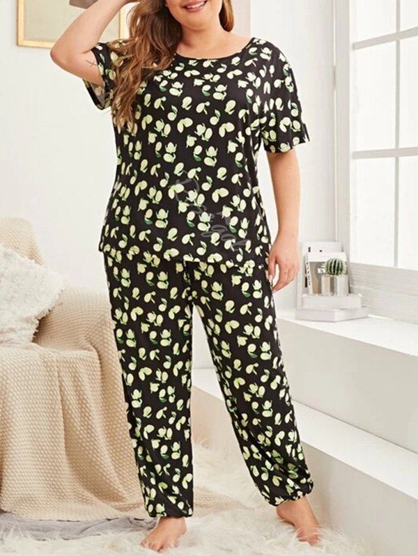 

Plus Size Lemon Print Pyjama Set, Black