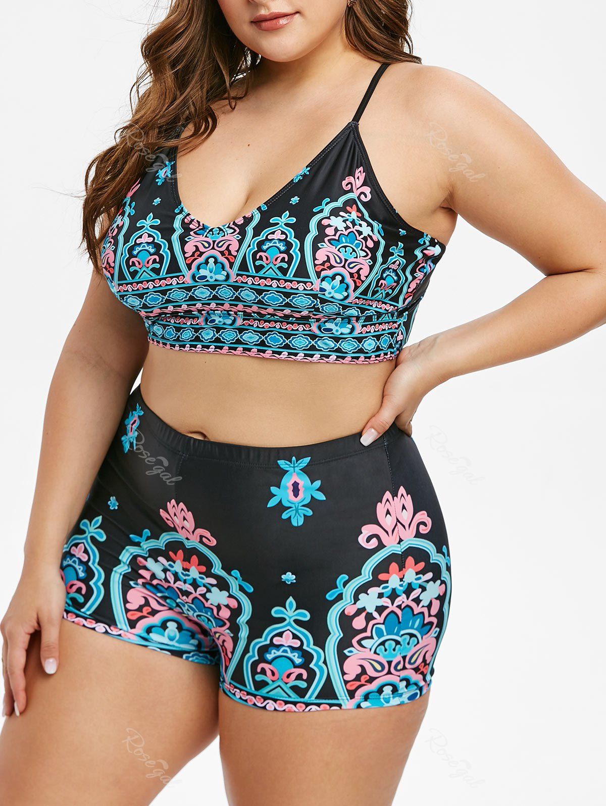 

Plus Size Crisscross Tribal Print Tankini Swimwear, Black