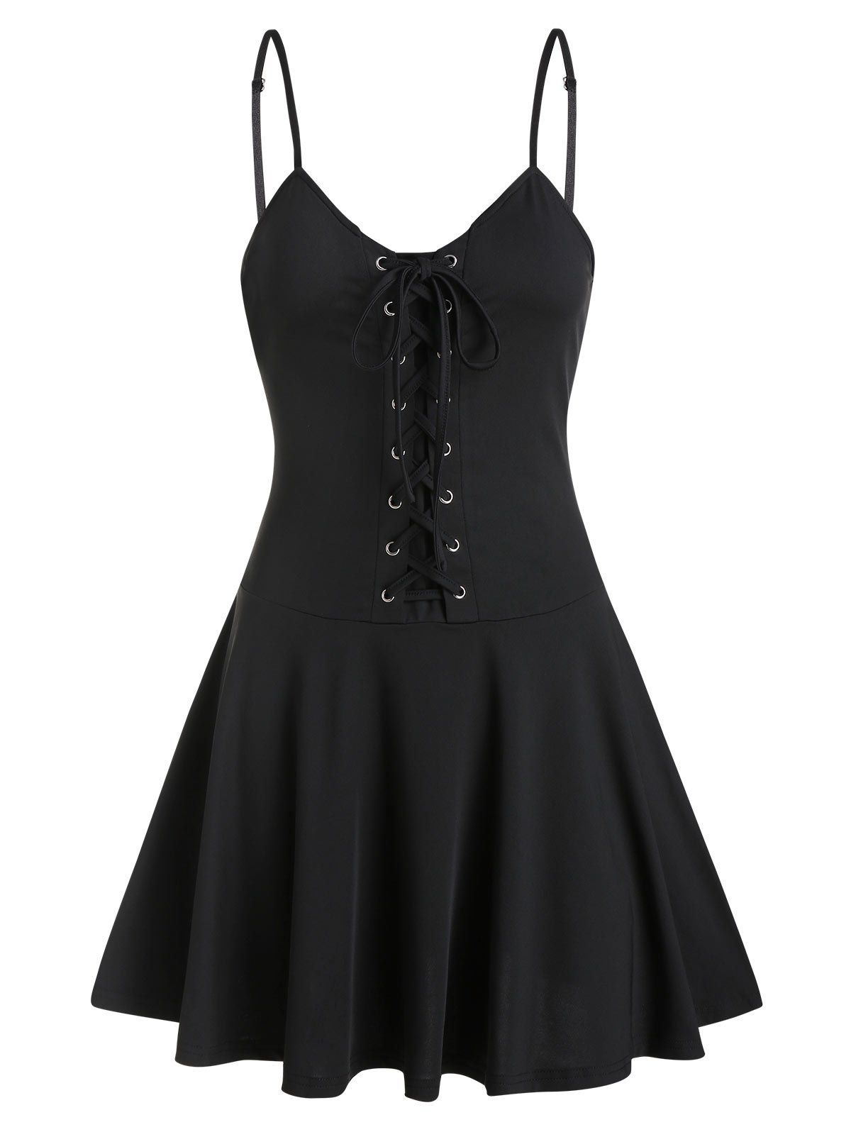 

Lace-up A Line Mini Spaghetti Strap Dress, Black