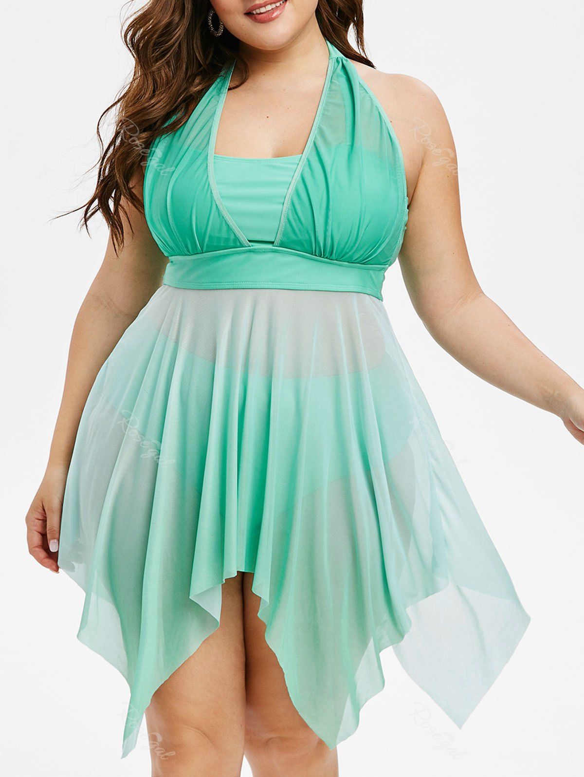 

Halter Handkerchief Mesh Panel Plus Size Tankini Swimwear, Aquamarine