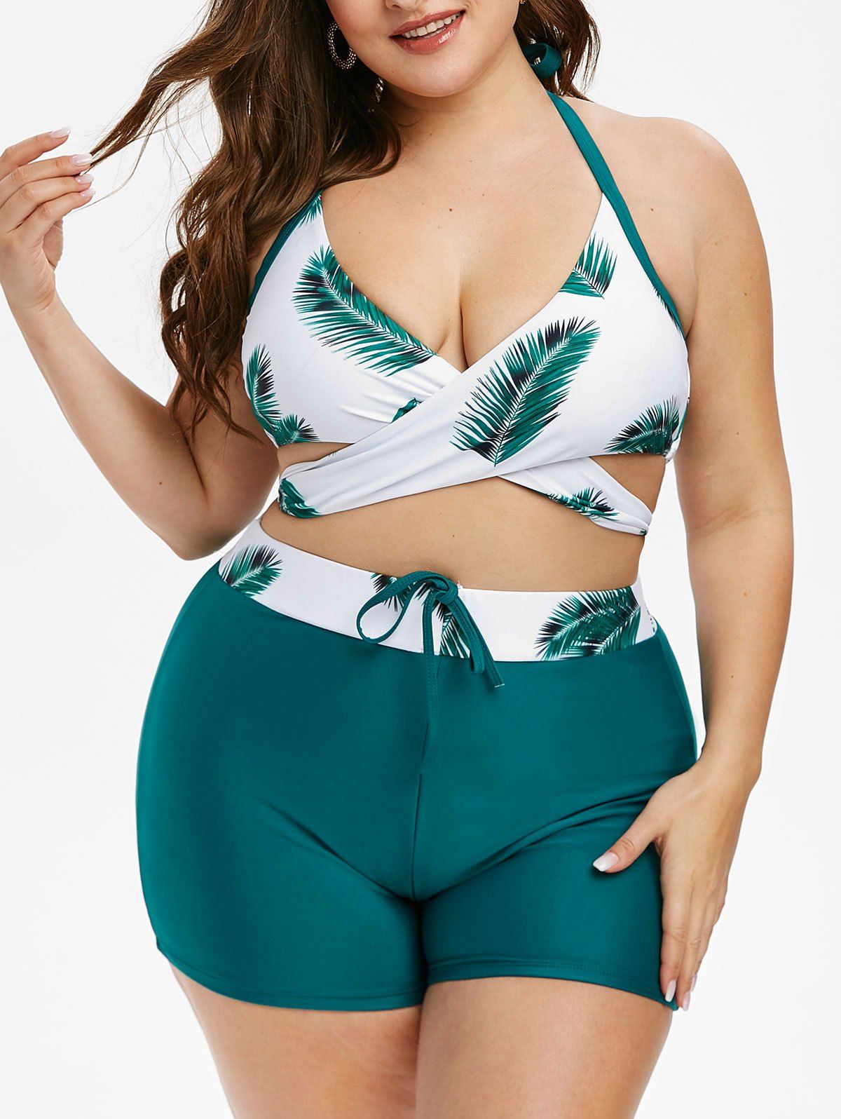 

Plus Size Halter Palm Print Wrap Tankini Set, Greenish blue