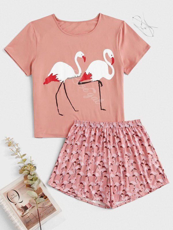 Plus Size Flamingo Print Short Pajama Set [36% OFF] | Rosegal