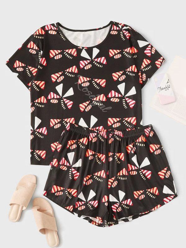 

Plus Size Printed Pajama Set, Black