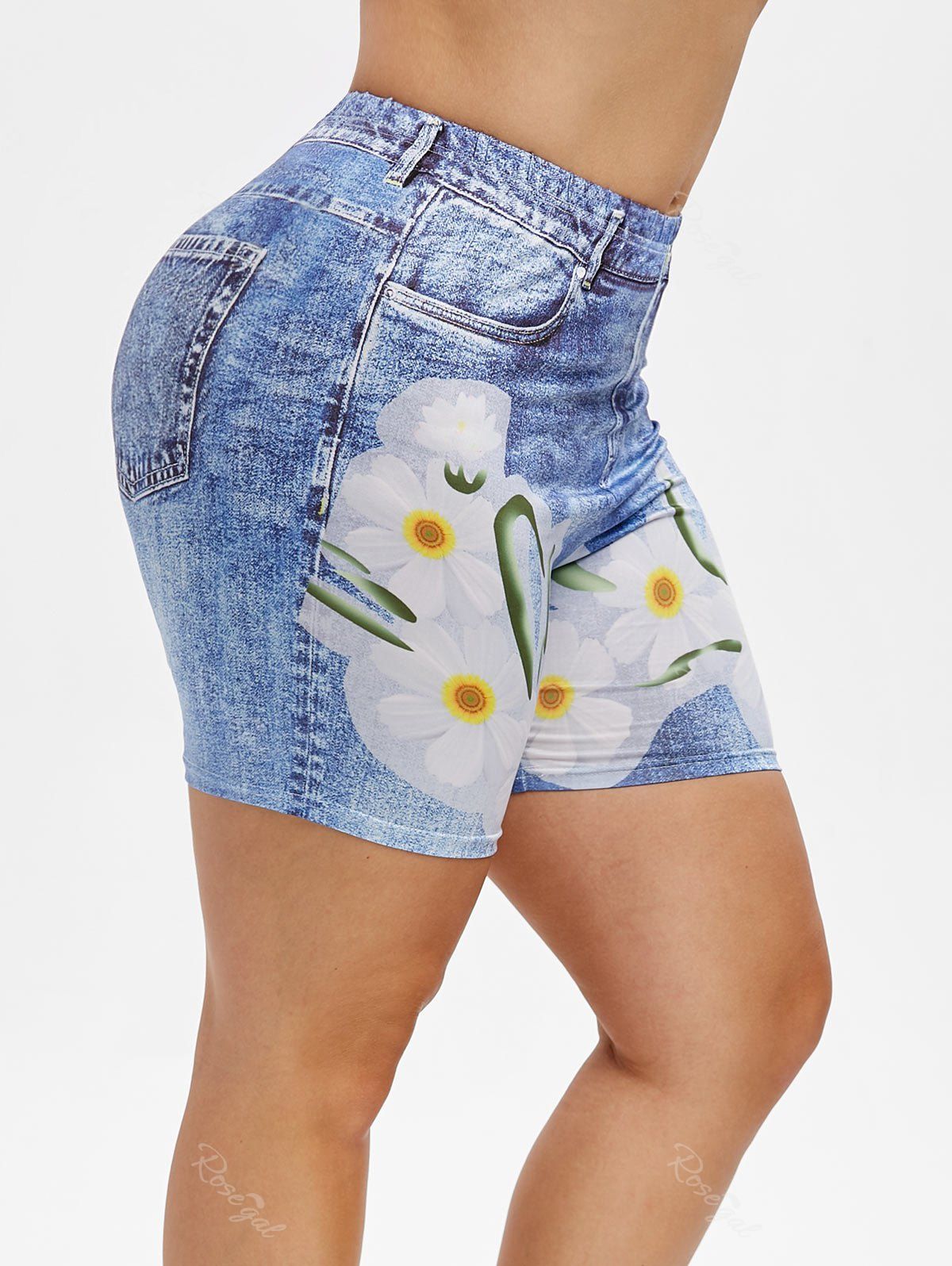 

Plus Size 3D Denim Print Floral Shorts, Denim blue