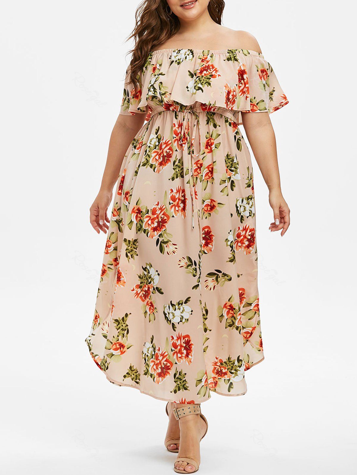

Plus Size Off The Shoulder Ruffled Floral Dress, Deep peach