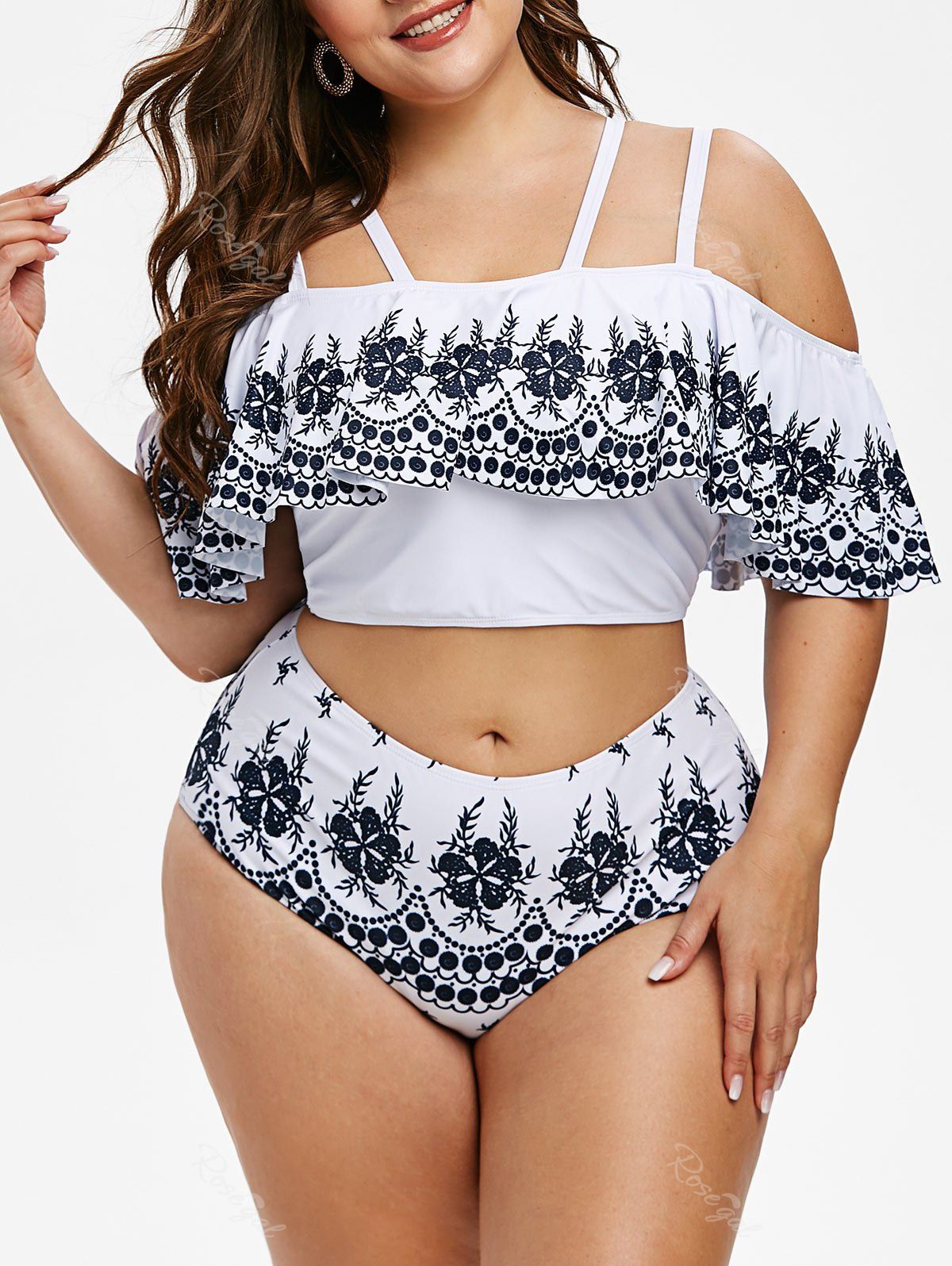 

Flounces Printed Cold Shoulder Plus Size Two Piece Swimwear, White