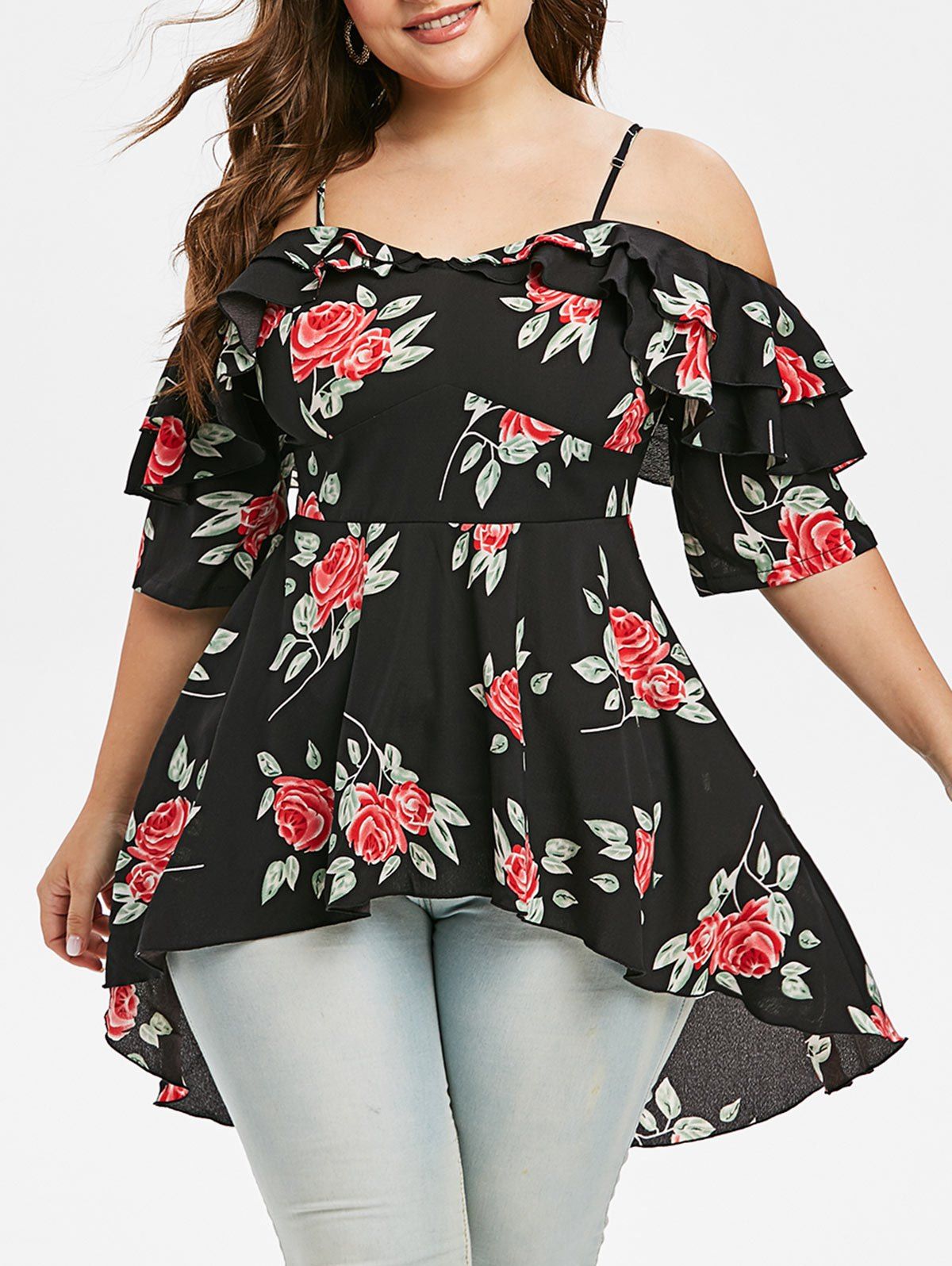 

Plus Size Ruffle Cold Shoulder High Low Floral Blouse, Black