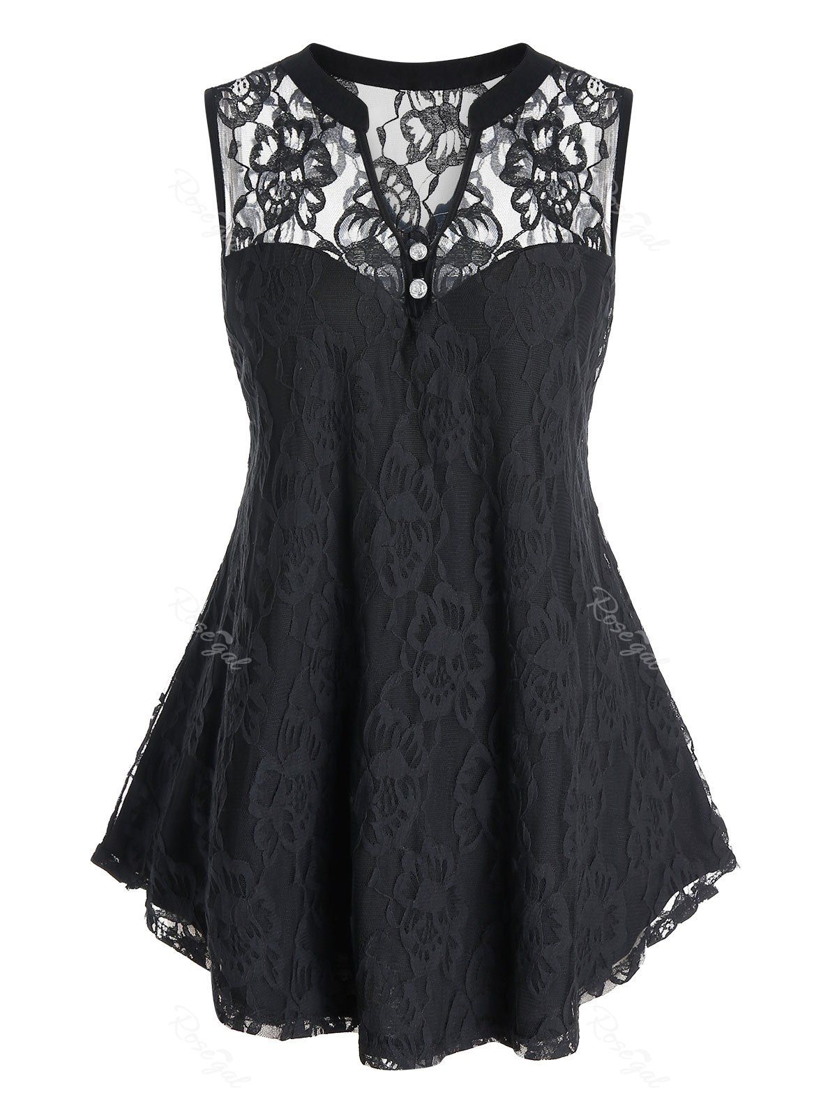 

Plus Size Lace See Thru V Neck Curved Sleeveless Top, Black