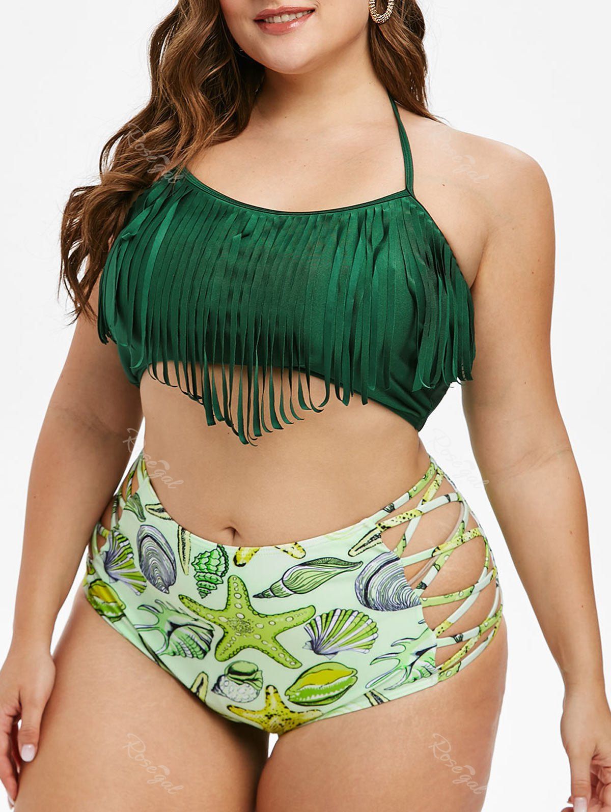 Unique Plus Size Fringed Starfish Cross High Rise Tankini Swimwear  
