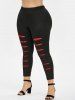 Plus Size Lace Panel Ripped High Waisted Leggings -  