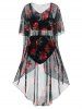 Maillot de Bain Tankini Fleuri de Grande Taille à Armature avec Robe Couverture - Noir 1X