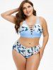 Plus Size Floral Print Lattice Bikini Swimwear -  
