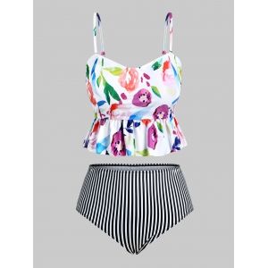 

Plus Size Striped Floral Peplum Tankini Swimwear, Multi a