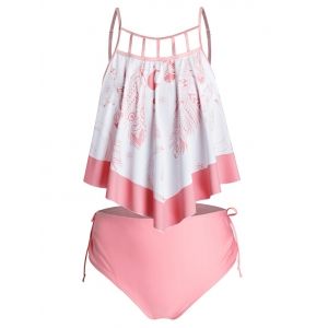 

Plus Size Hanky Hem Feather Pattern Tankini Swimsuit, Light pink