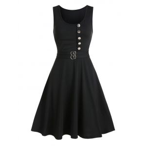 

Button Pleat High Waist A Line Dress, Black