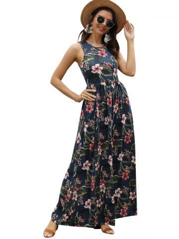 Sleeveless Tropical Floral Print Maxi Dress