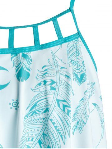 

Plus Size Hanky Hem Feather Pattern Tankini Swimsuit, Macaw blue green