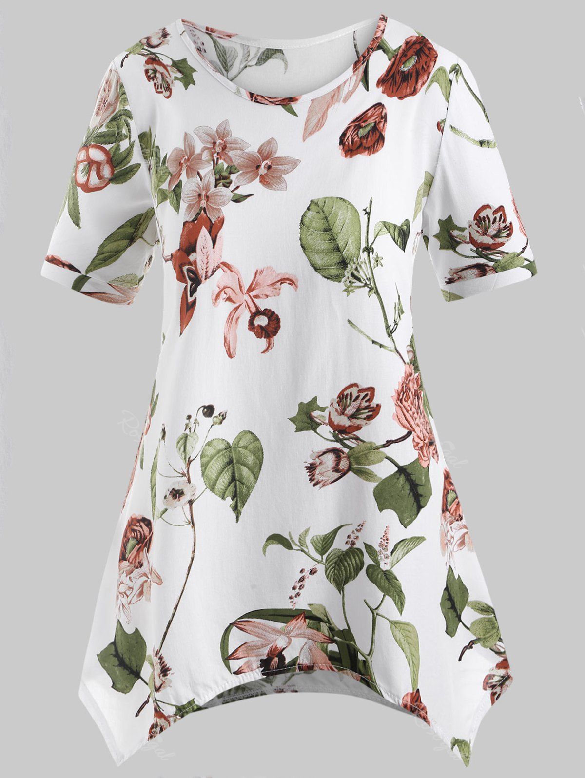 

Short Sleeve Floral Handkerchief Plus Size Top, Multi