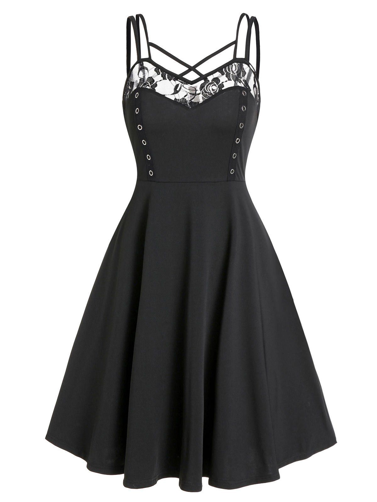 

Lace Insert Crisscross Flare Dress, Black